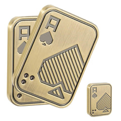 Gold metal poker card fidget slider shaped like the Ace of Spades, two stacked cards showing the brushed antique-gold finish