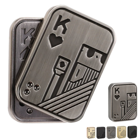 Silver metal poker card fidget slider shaped like the King of Hearts, two stacked cards showing the brushed gunmetal-silver finish