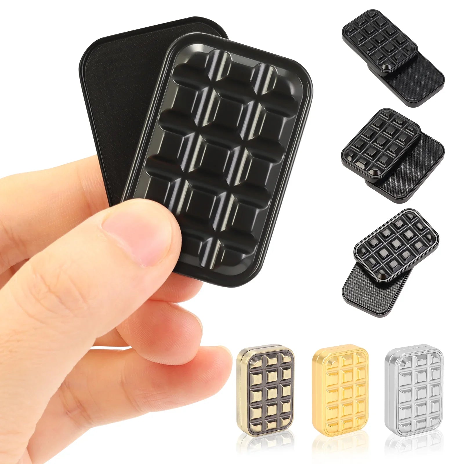 metal brick chocolate-bar fidget slider for adults, held in hand as a compact metal EDC fidget