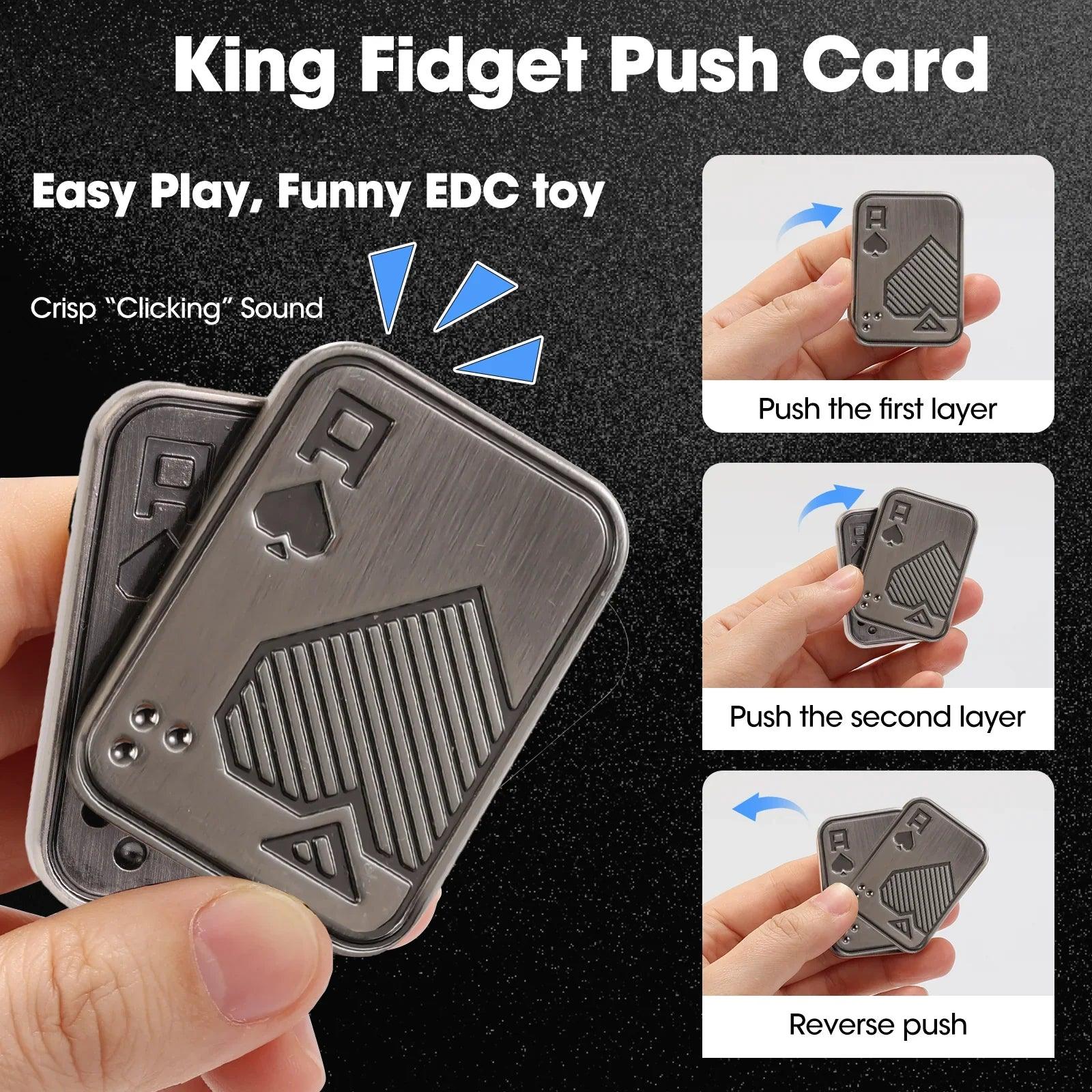 Hand pushing the layers of the silver Ace of Spades fidget slider, showing its crisp magnetic clicking action