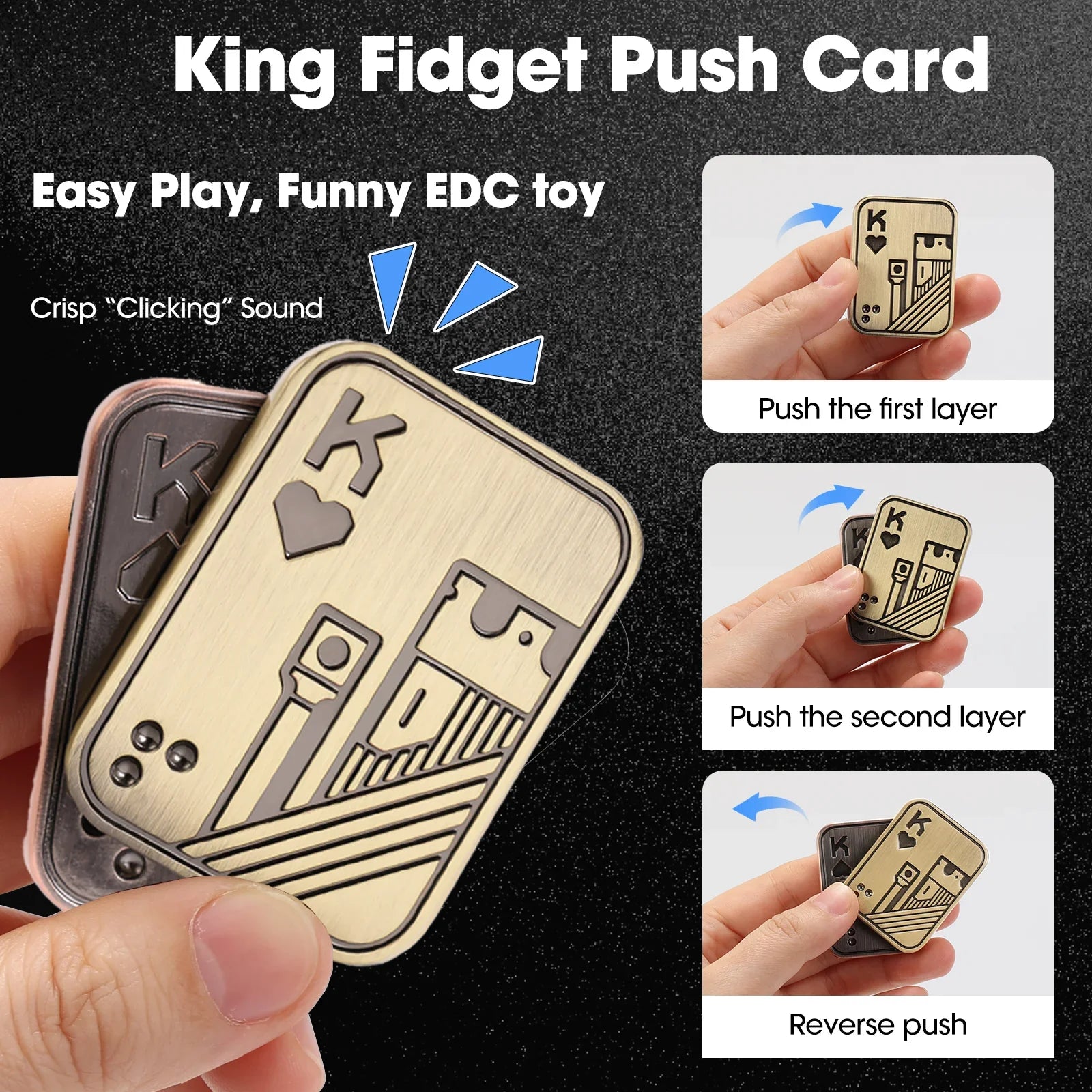 Hand pushing the layers of the gold King of Hearts fidget slider, showing its crisp magnetic clicking action