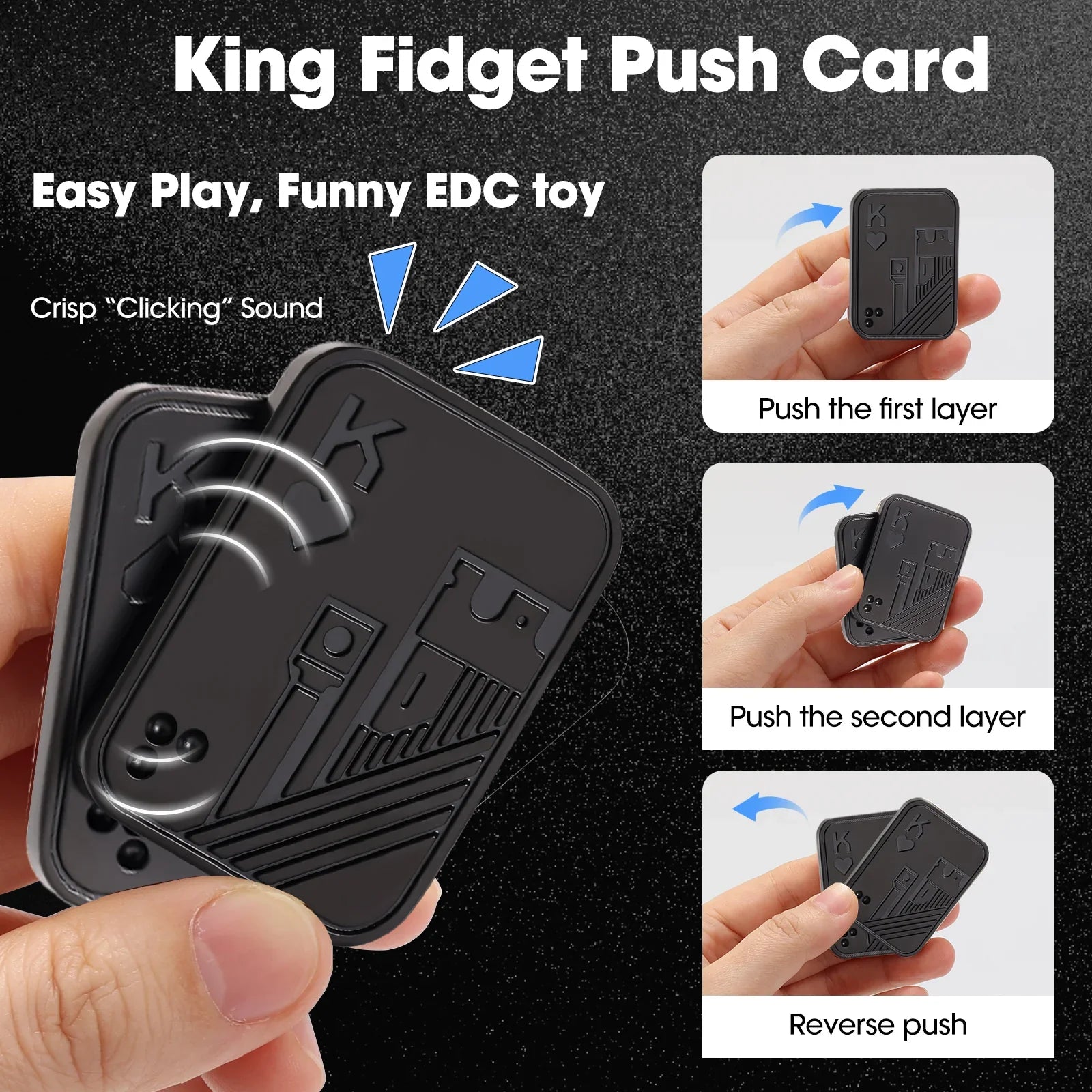 Hand pushing the layers of the black King of Hearts fidget slider, showing its crisp magnetic clicking action