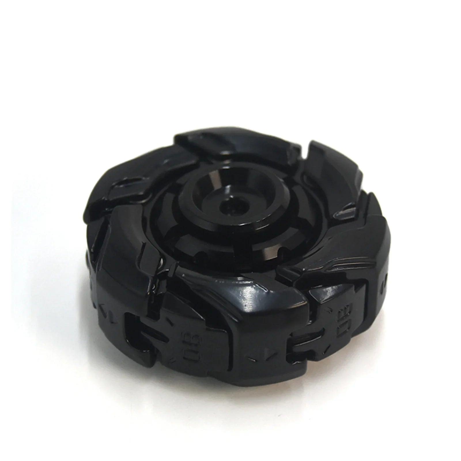 black metal Open Armor mecha fidget spinner for adults, held in hand as a compact metal EDC fidget