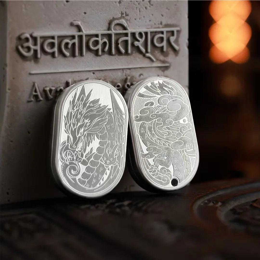 metal dragon fidget slider for adults, showing the finely engraved Chinese dragon and cloud design
