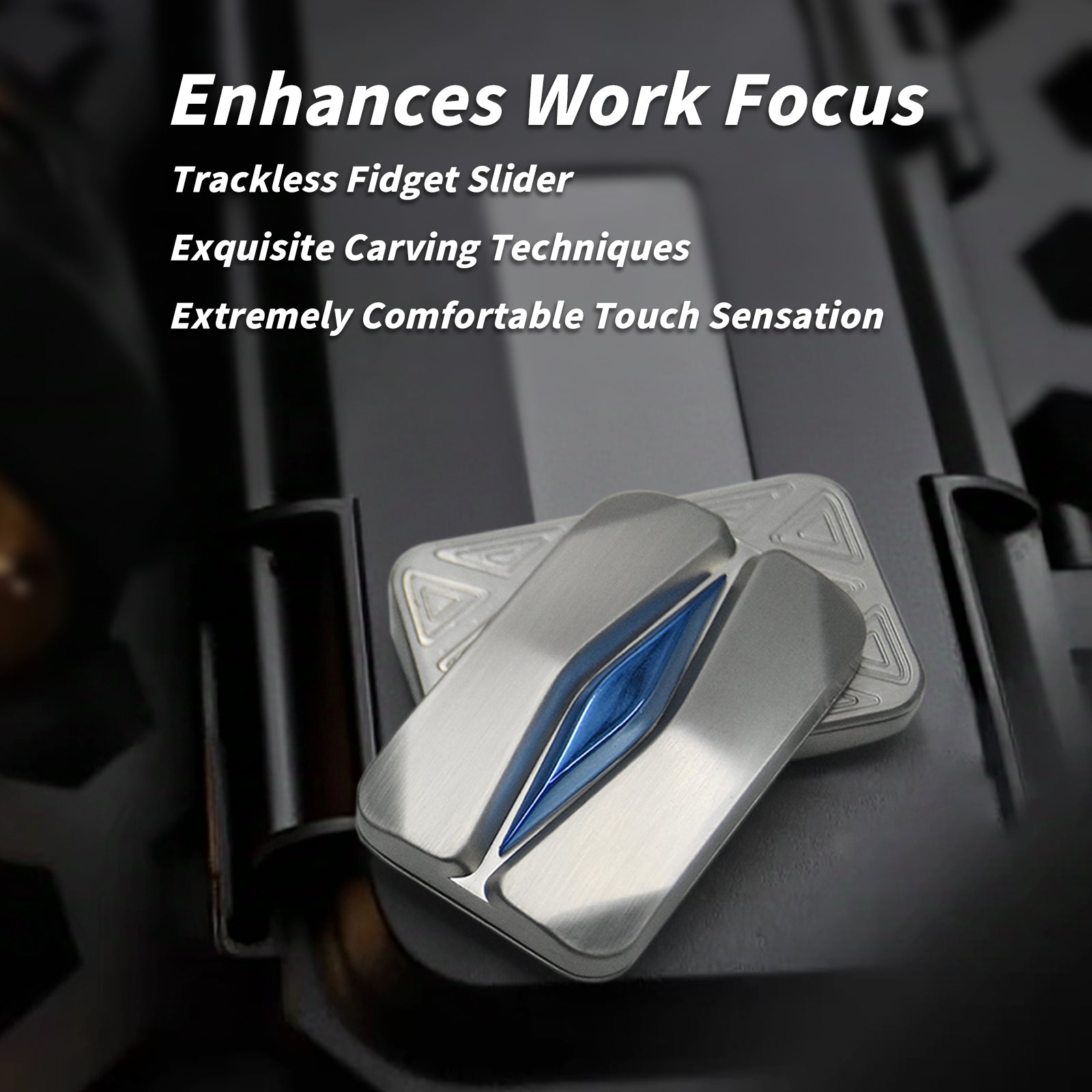 silver metal Mountain trackless fidget slider with blue core for adults, held in hand as a compact metal EDC fidget