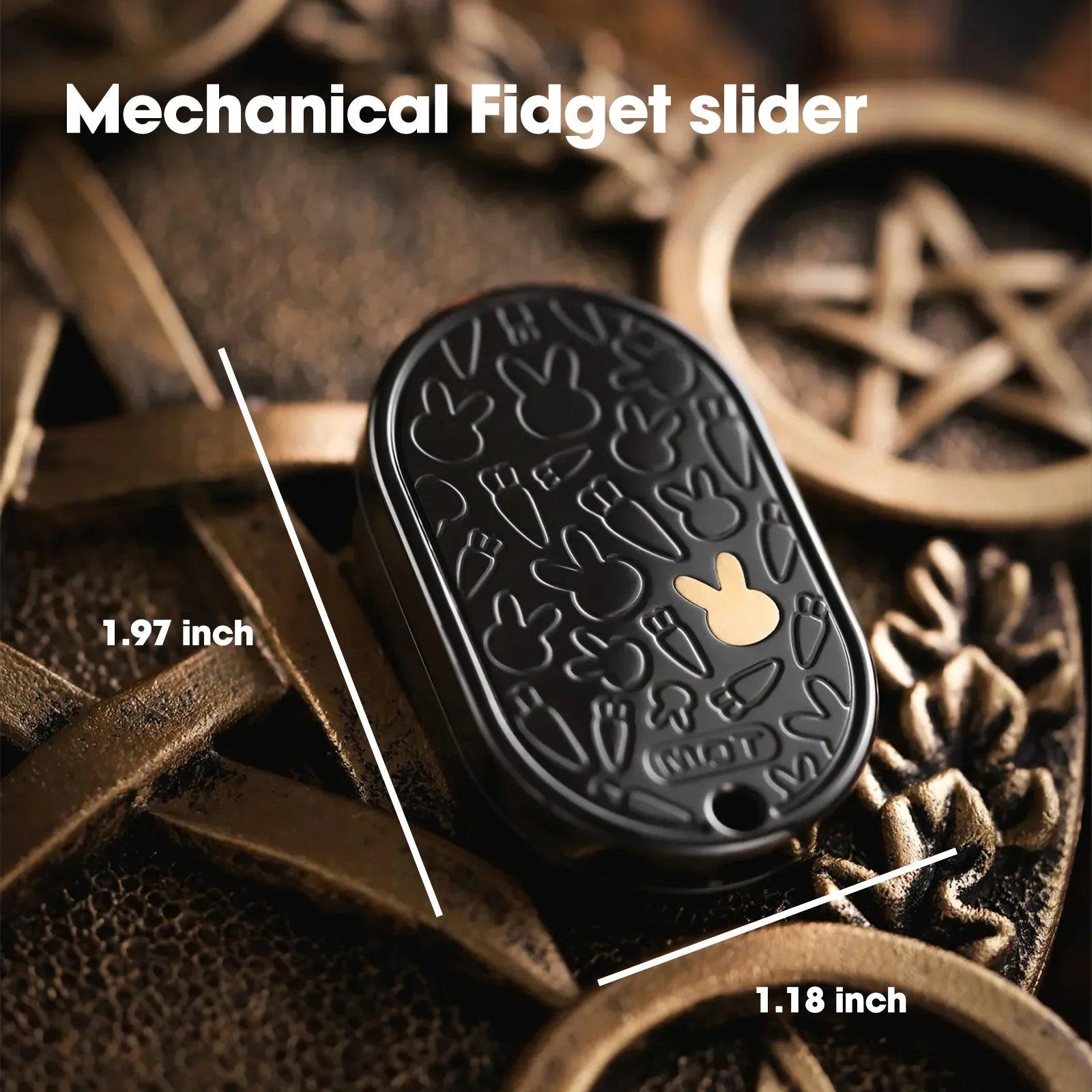 black metal rabbit fidget slider for adults, held in hand as a compact metal EDC fidget toy