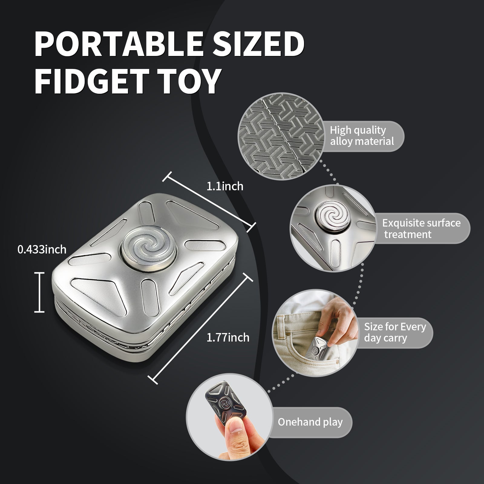 silver Vortex 2-in-1 metal fidget spinner and slider for adults, close-up showing the design and finish