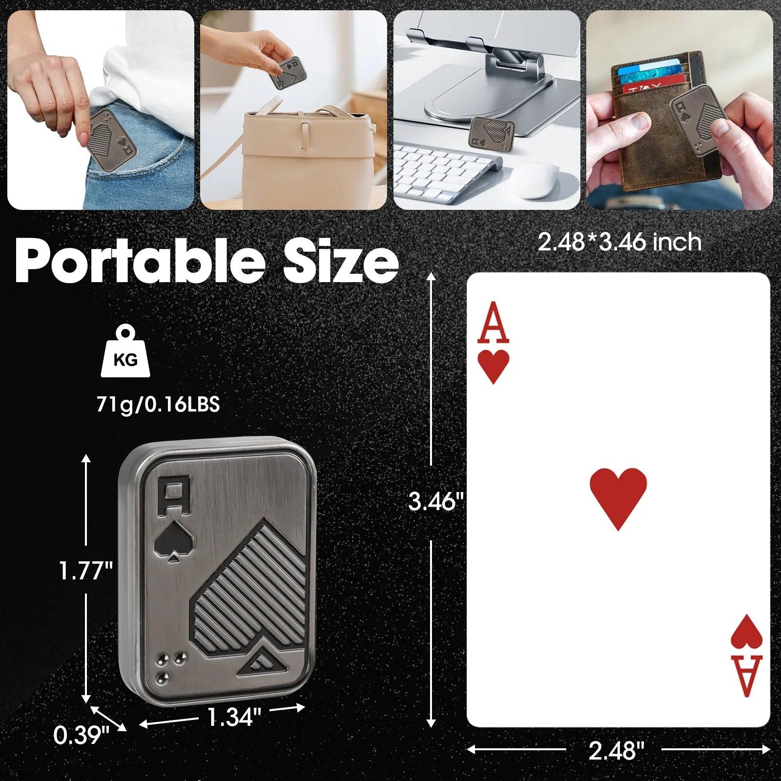 Size guide for the Ace of Spades metal fidget slider: 1.77 x 1.34 x 0.39 inch and 71 g, shown in a pocket, bag and card wallet