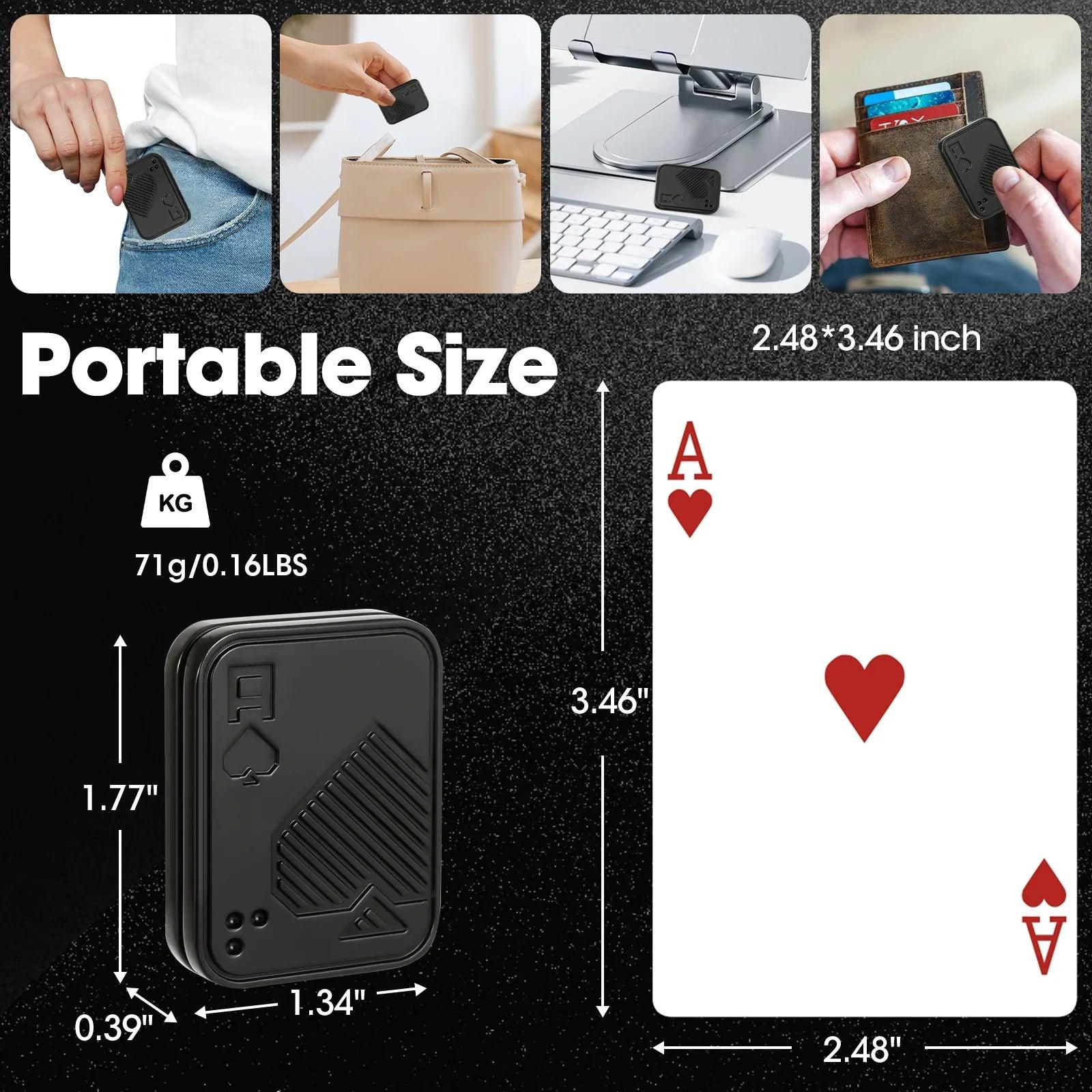 Size guide for the Ace of Spades metal fidget slider: 1.77 x 1.34 x 0.39 inch and 71 g, shown in a pocket, bag and card wallet