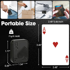 Size guide for the Ace of Spades metal fidget slider: 1.77 x 1.34 x 0.39 inch and 71 g, shown in a pocket, bag and card wallet