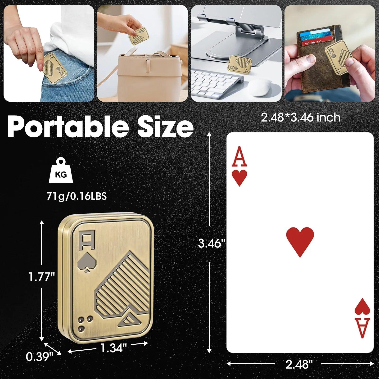 Size guide for the Ace of Spades metal fidget slider: 1.77 x 1.34 x 0.39 inch and 71 g, shown in a pocket, bag and card wallet