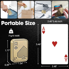 Size guide for the Ace of Spades metal fidget slider: 1.77 x 1.34 x 0.39 inch and 71 g, shown in a pocket, bag and card wallet