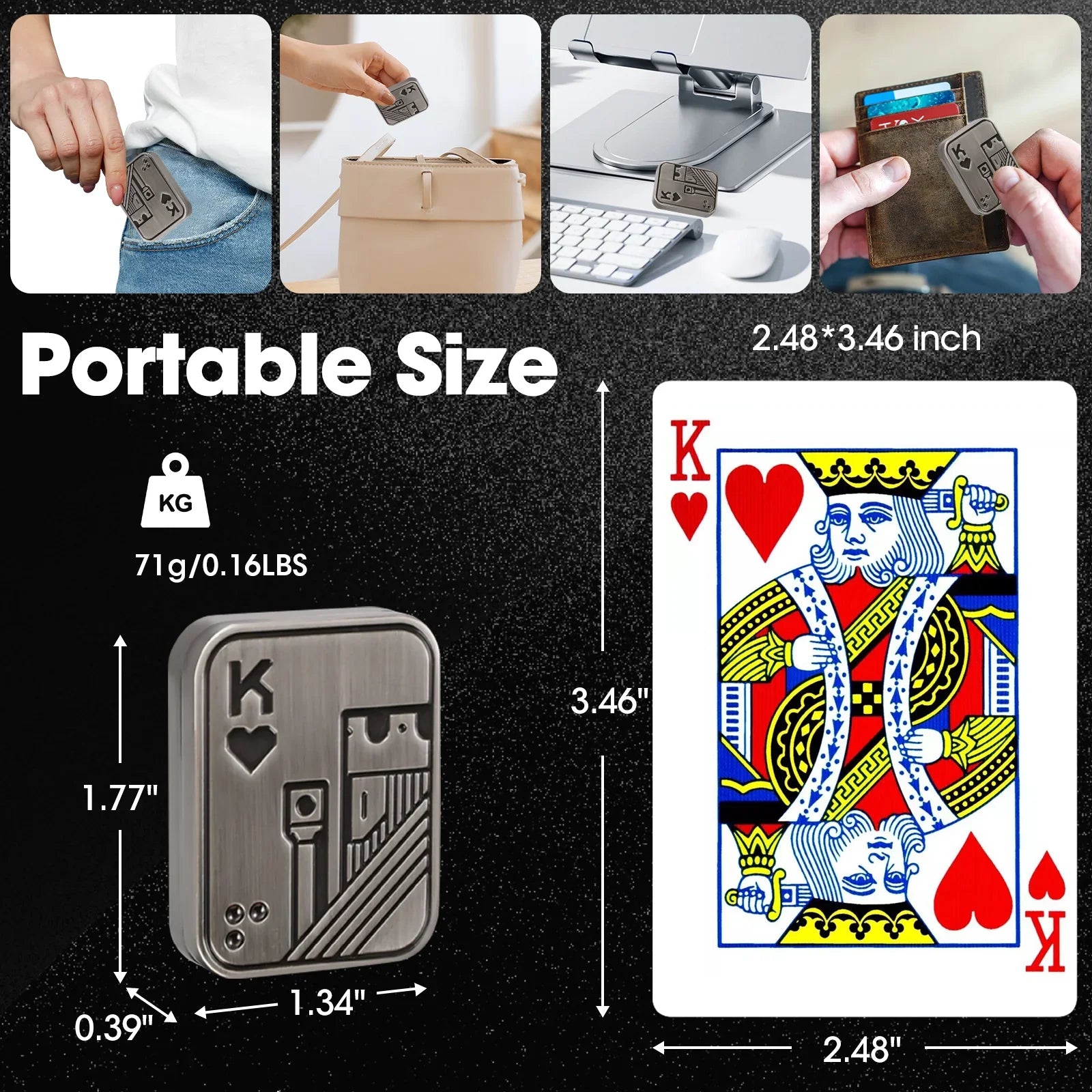 Size guide for the King of Hearts metal fidget slider: 1.77 x 1.34 x 0.39 inch and 71 g, shown in a pocket, bag and card wallet