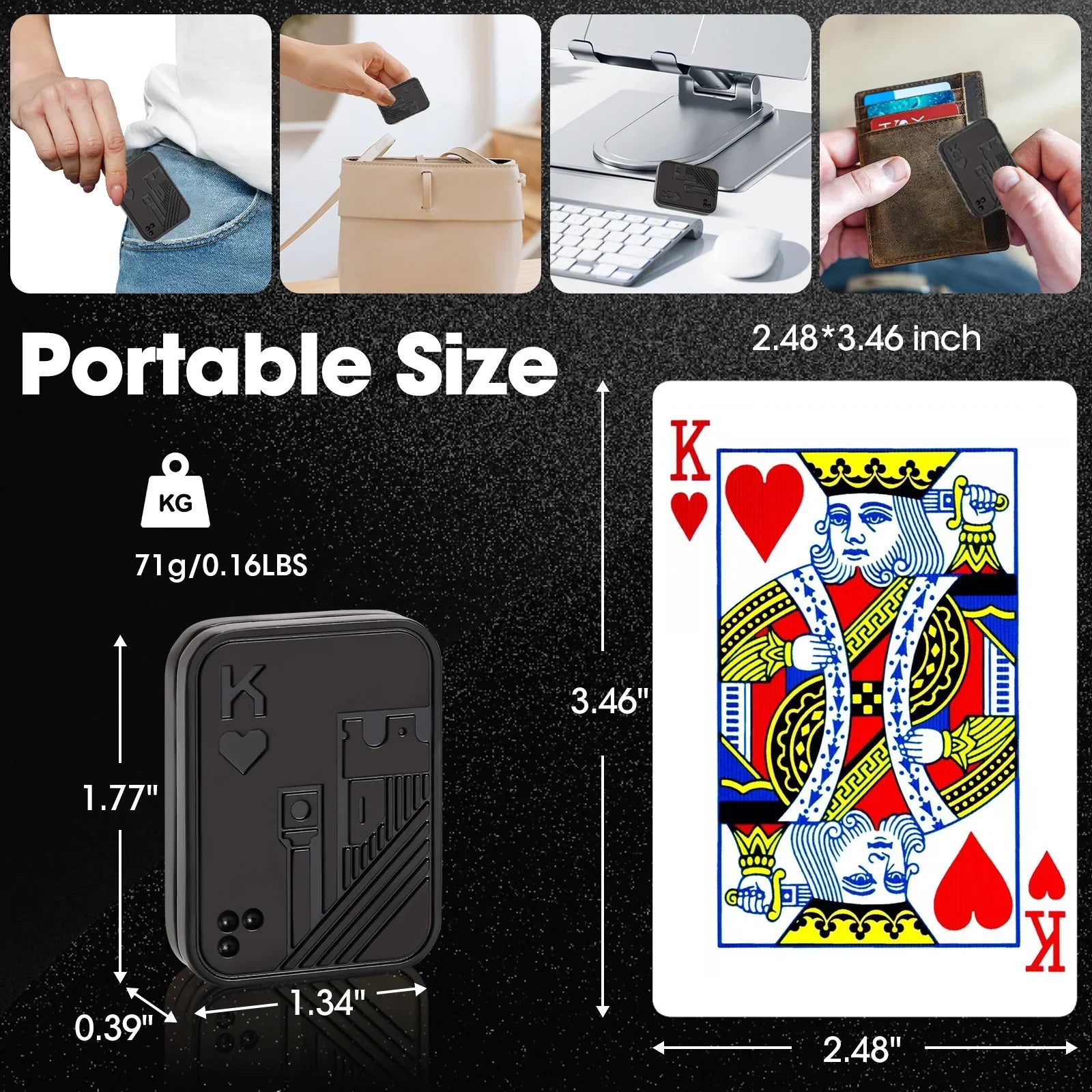 Size guide for the King of Hearts metal fidget slider: 1.77 x 1.34 x 0.39 inch and 71 g, shown in a pocket, bag and card wallet