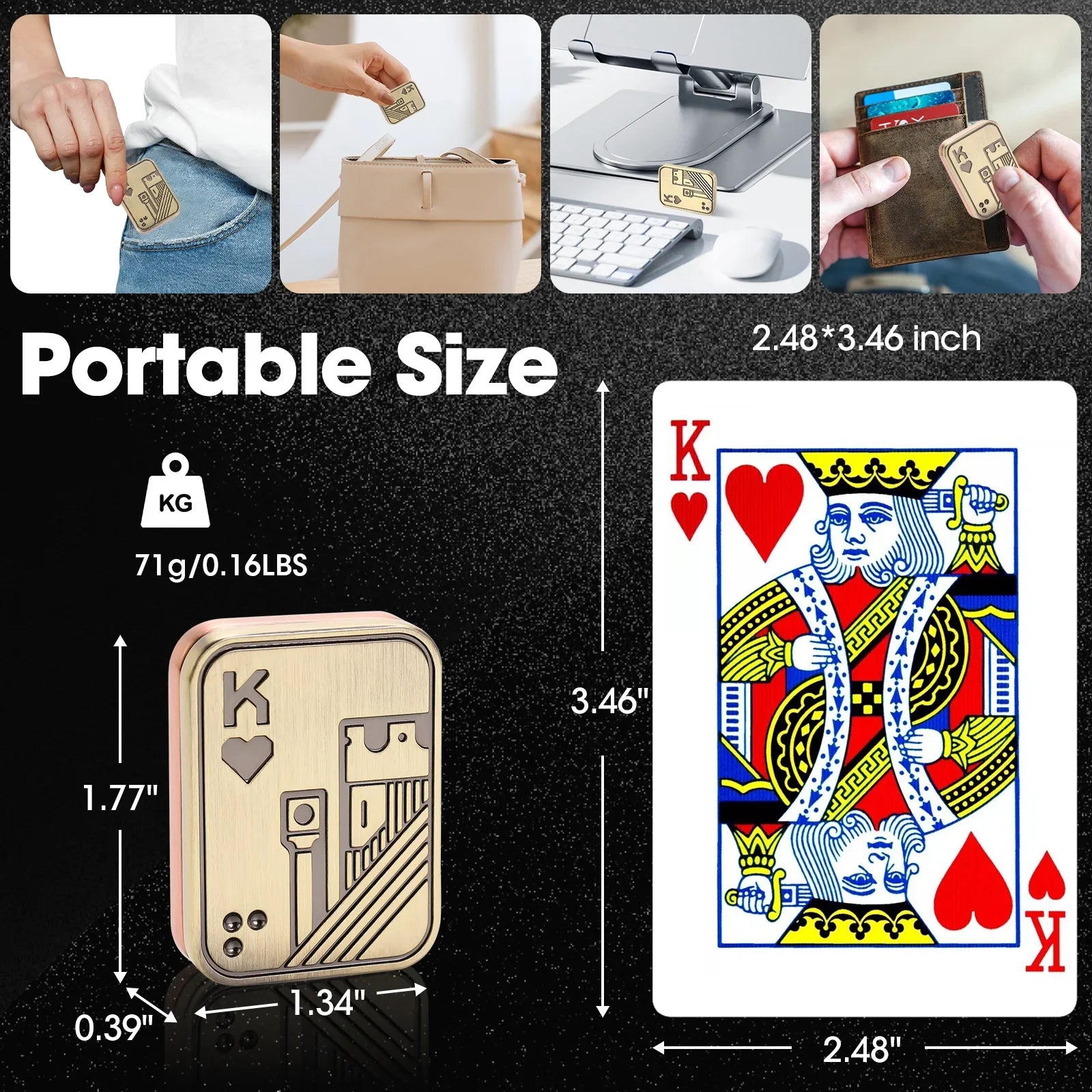 Size guide for the King of Hearts metal fidget slider: 1.77 x 1.34 x 0.39 inch and 71 g, shown in a pocket, bag and card wallet
