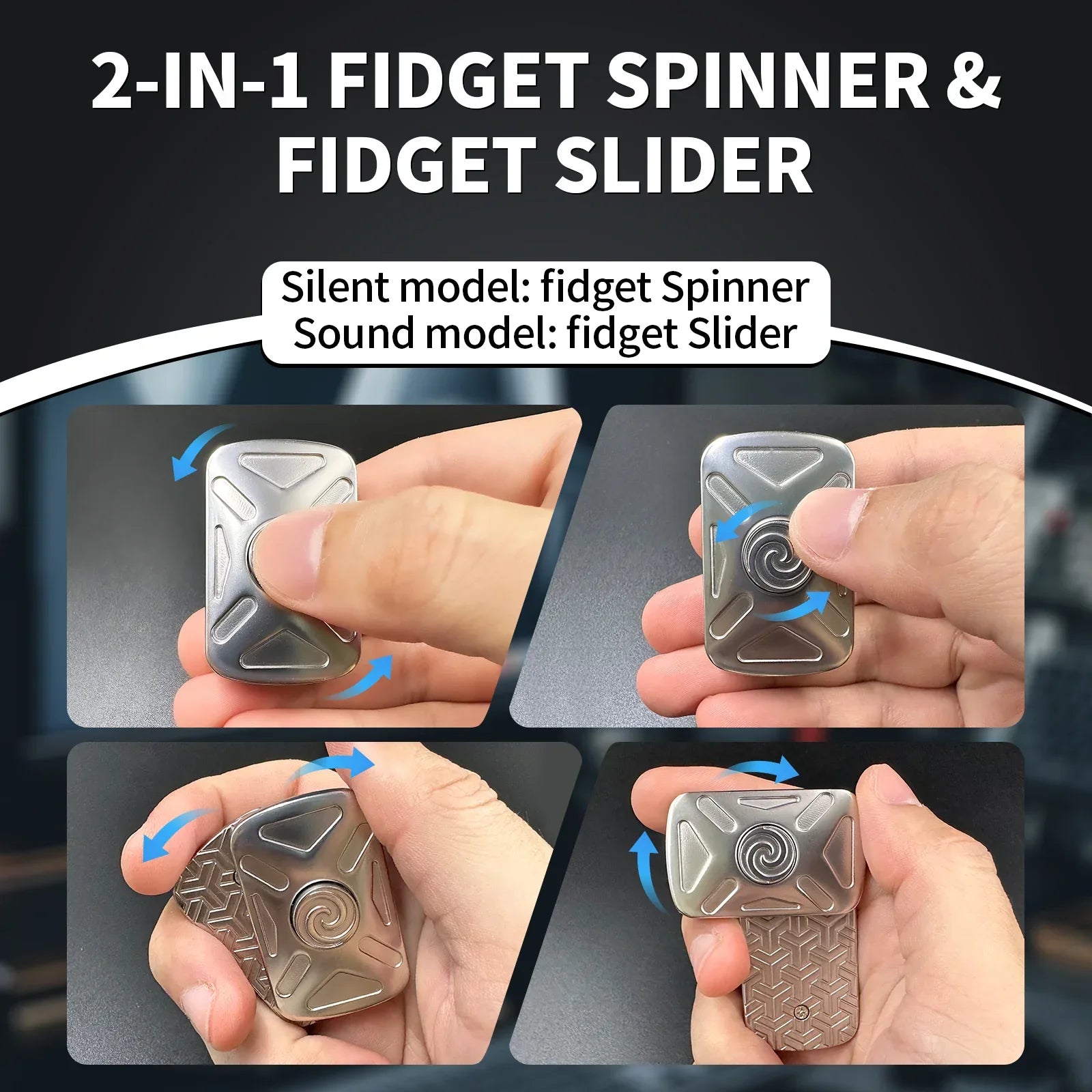 silver Vortex 2-in-1 metal fidget spinner and slider for adults, held in hand as a compact metal EDC fidget