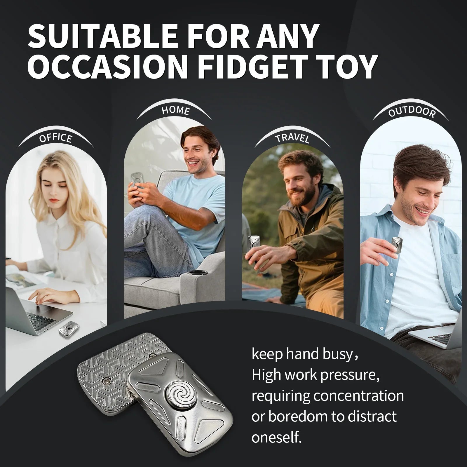 silver Vortex 2-in-1 metal fidget spinner and slider for adults, for stress and focus at the desk