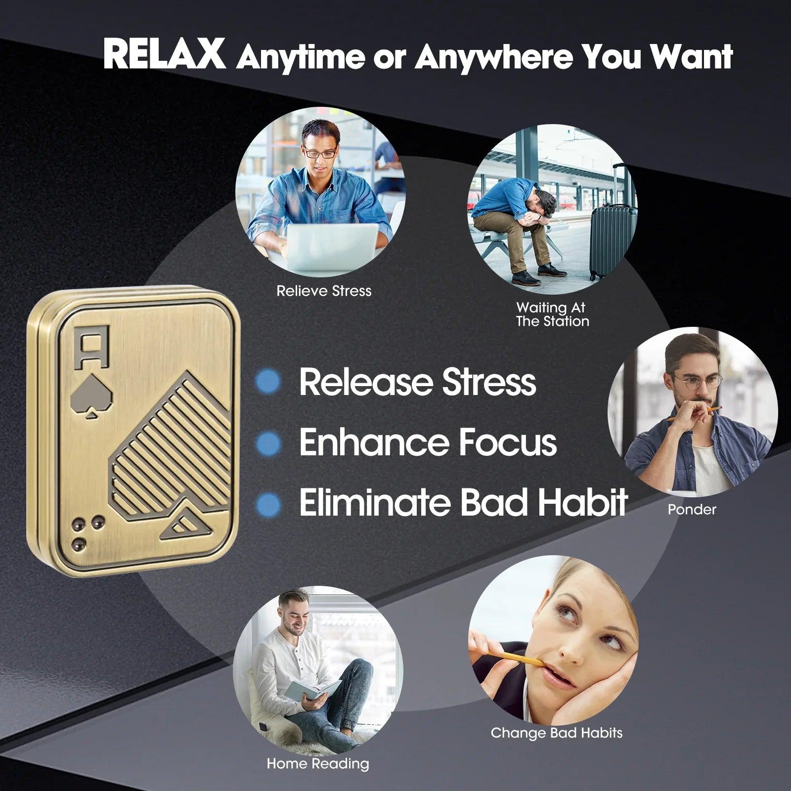 Adult using the Ace of Spades fidget slider for stress and focus while working, reading and commuting