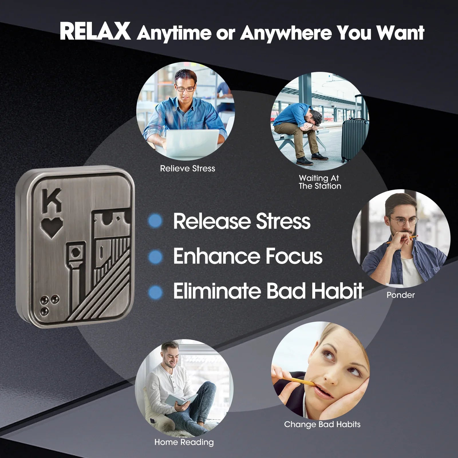 Adult using the King of Hearts fidget slider for stress and focus while working, reading and commuting