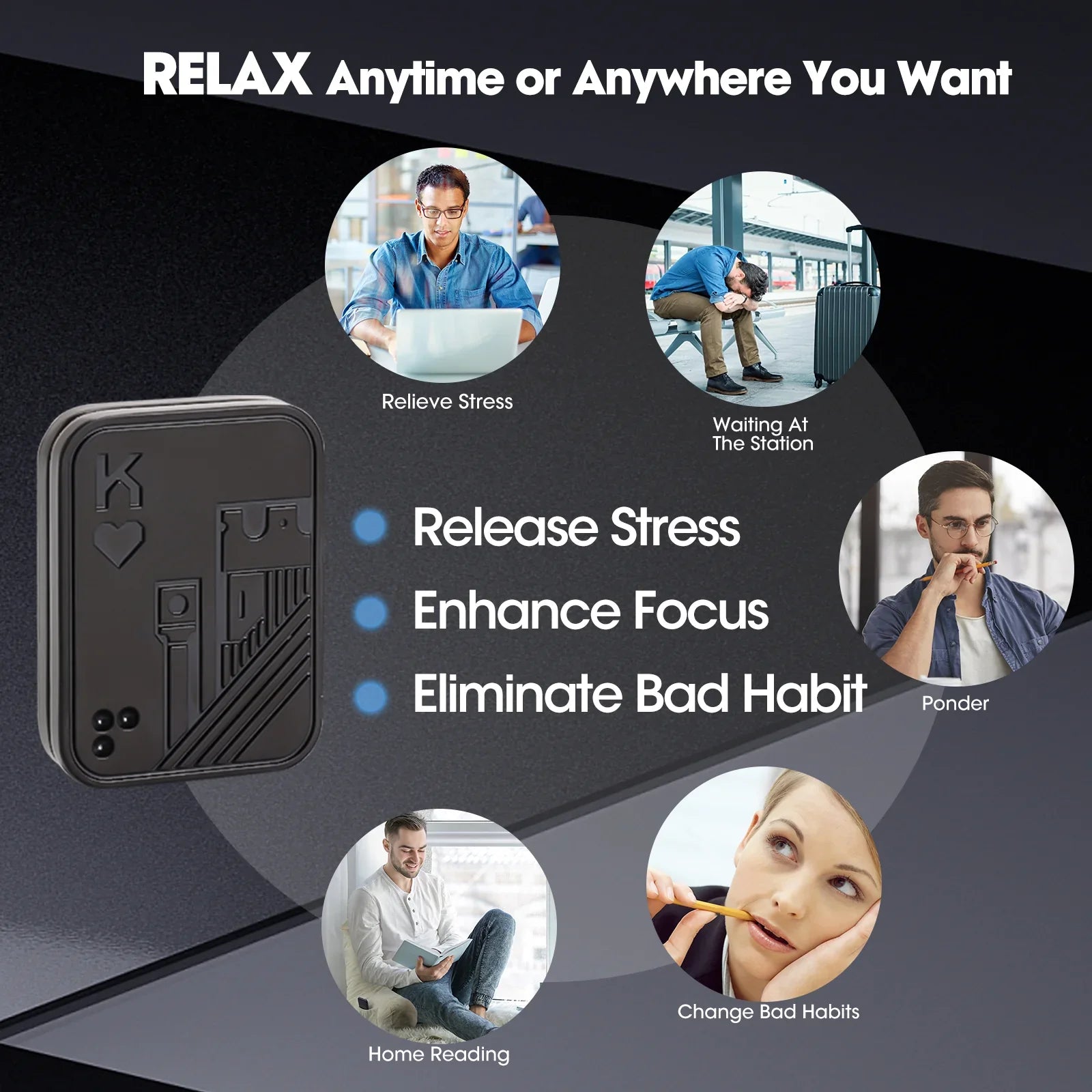 Adult using the King of Hearts fidget slider for stress and focus while working, reading and commuting