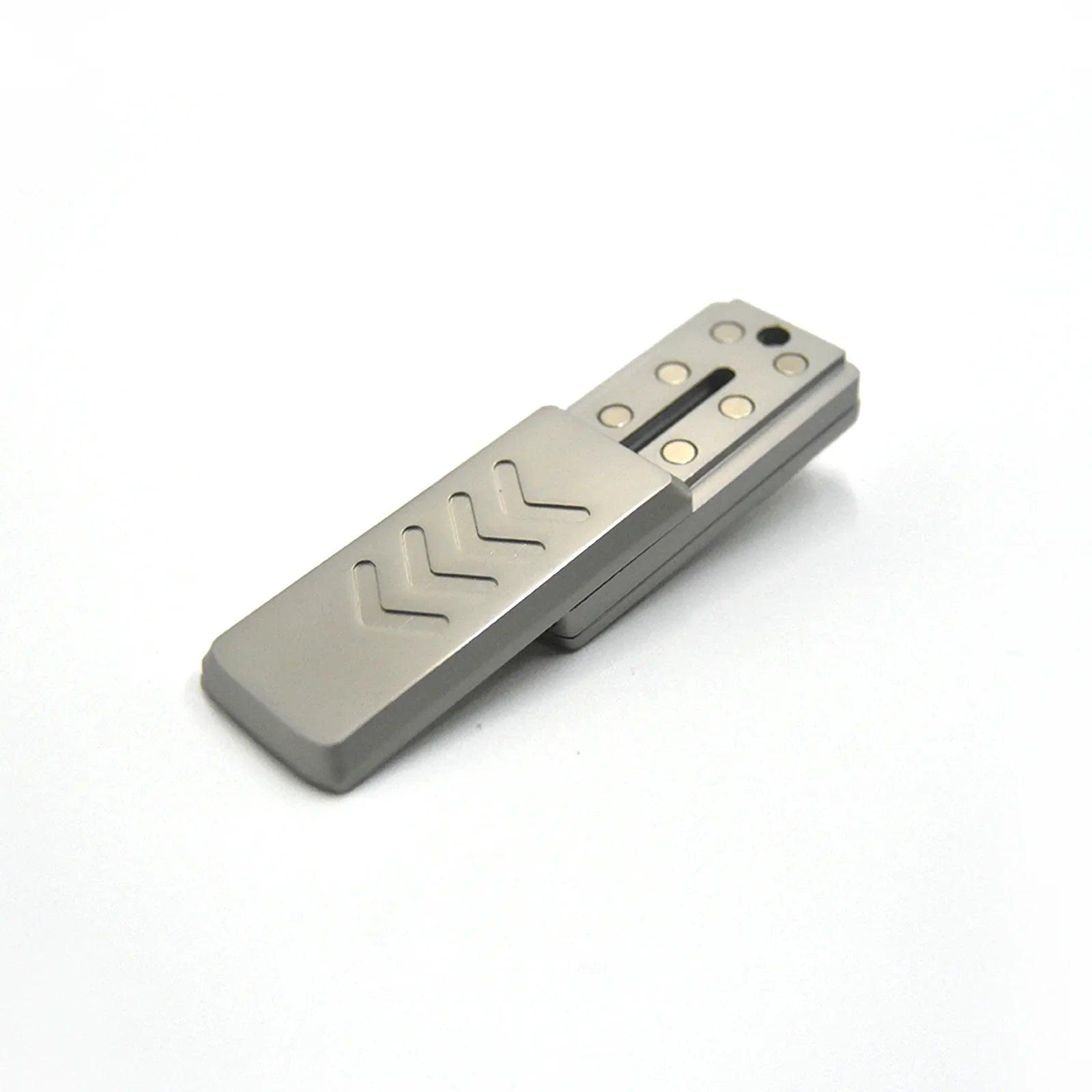 silver-grey metal truck fidget slider for adults, side profile showing the two-piece slide