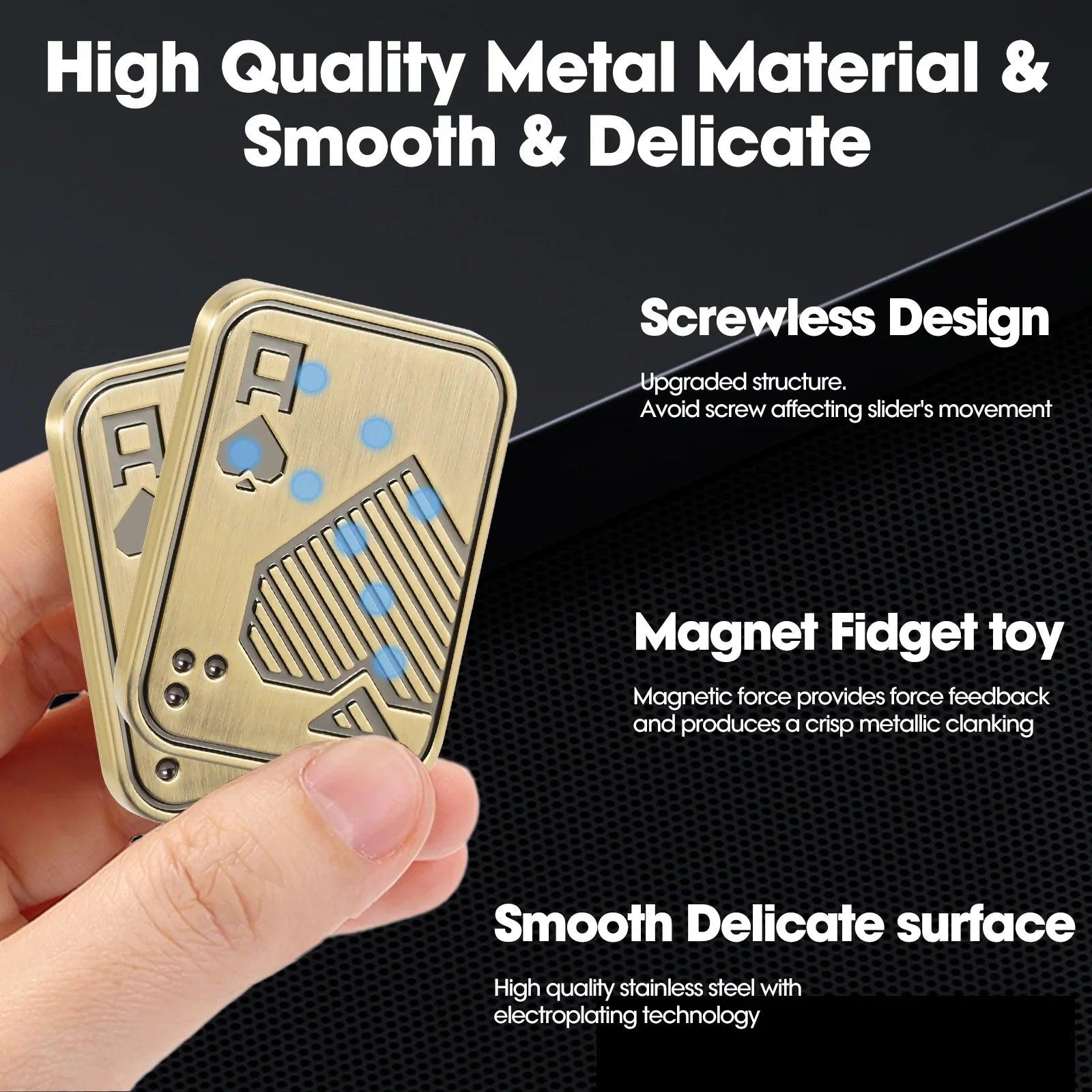 Close-up of the electroplated stainless steel Ace of Spades fidget slider showing its screwless design and magnetic click