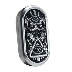 metal rotating magnetic fidget slider with engraved owl design for adults, detail of the finish and mechanism