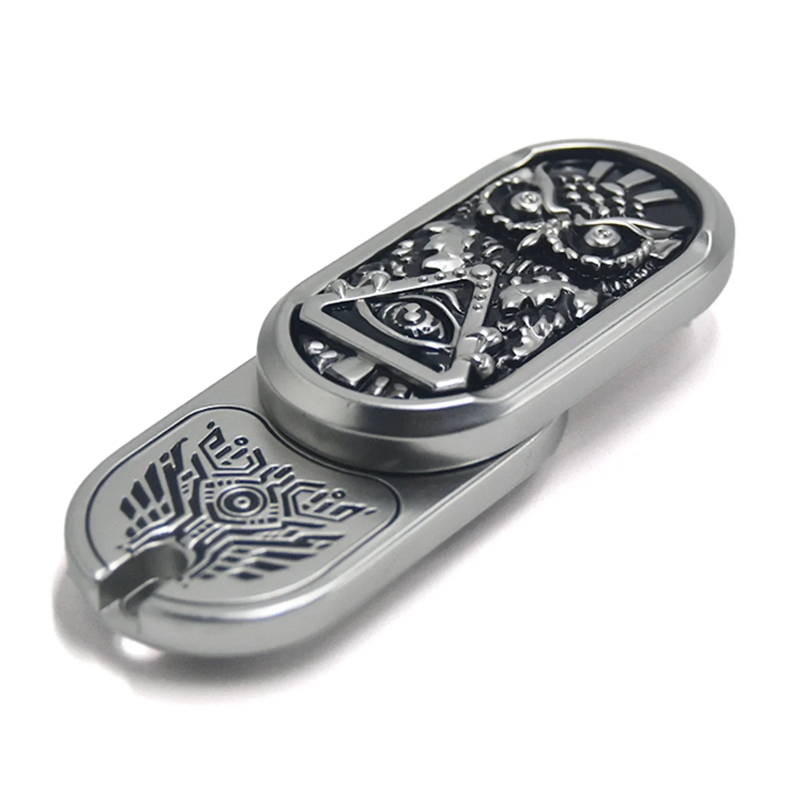 metal rotating magnetic fidget slider with engraved owl design for adults, close-up showing the design and finish