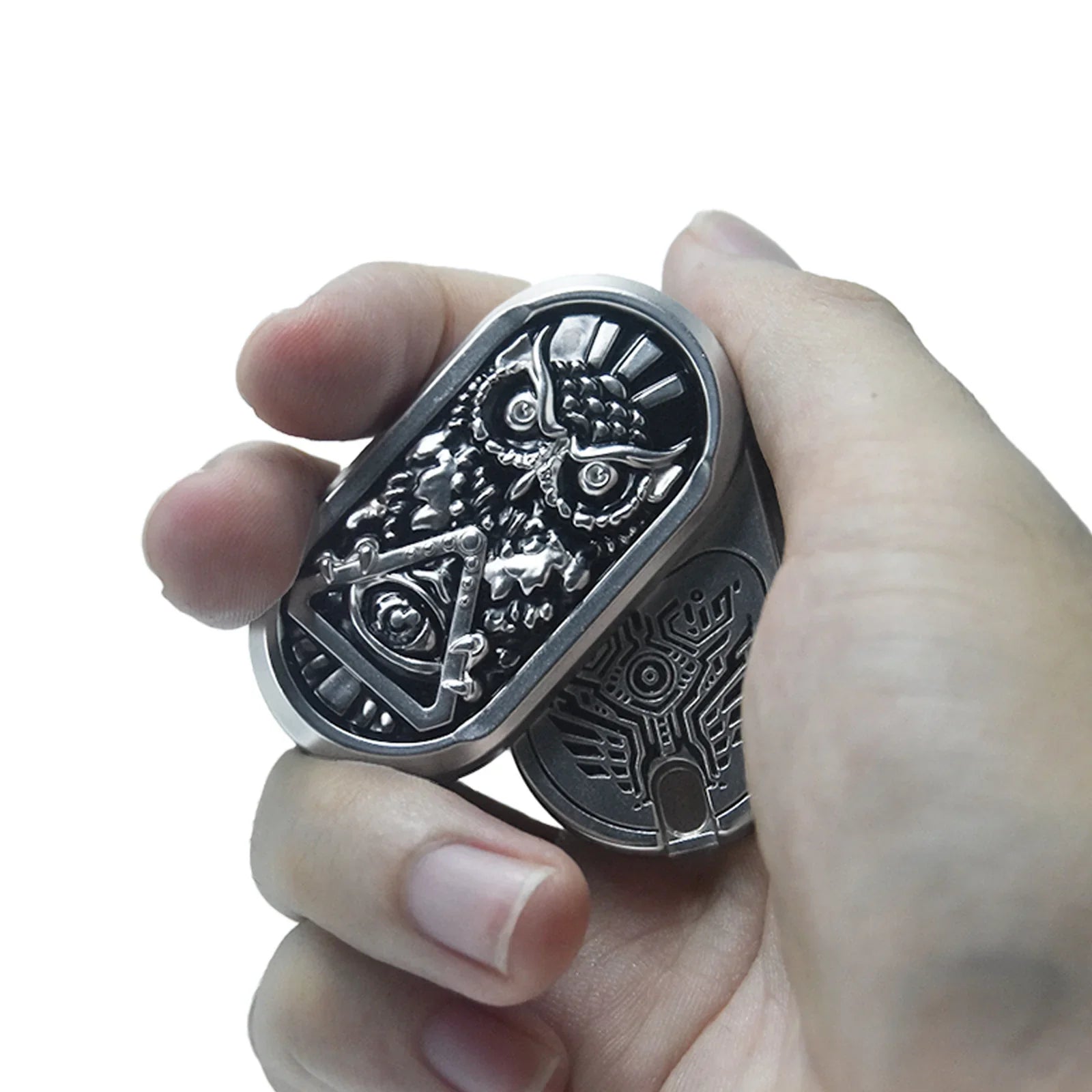 metal rotating magnetic fidget slider with engraved owl design for adults, for stress and focus at the desk