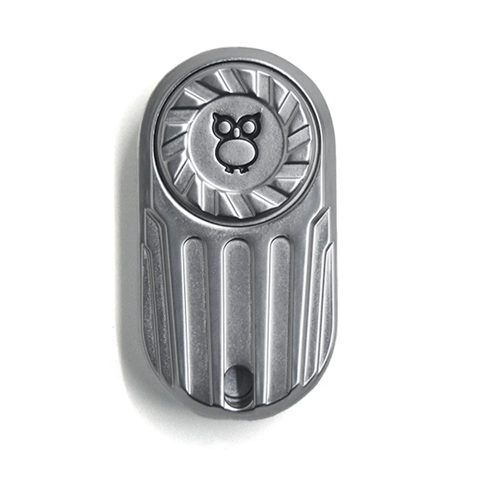 metal rotating magnetic fidget slider with engraved owl design for adults, side view showing the mechanism