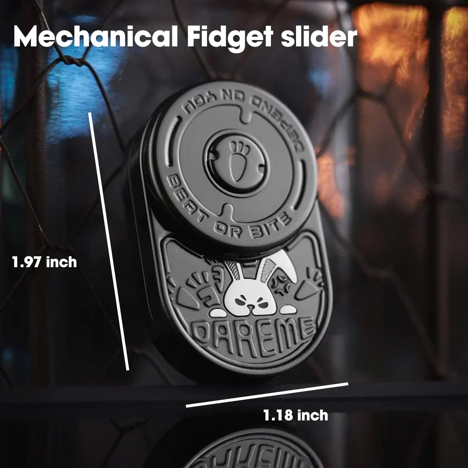 mixed black metal rabbit fidget slider for adults, close-up of the engraved detail and mechanical push-slide
