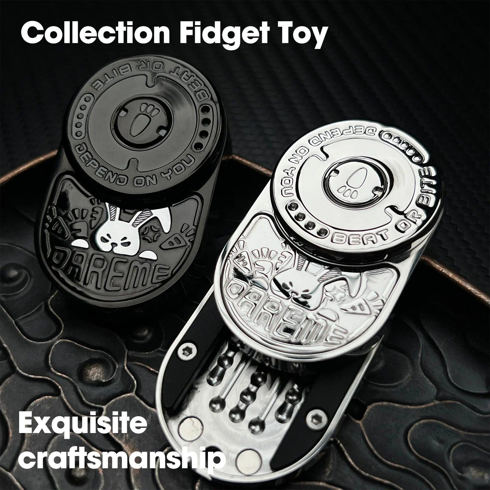 mixed black metal rabbit fidget slider for adults, held in hand as a compact metal EDC fidget toy