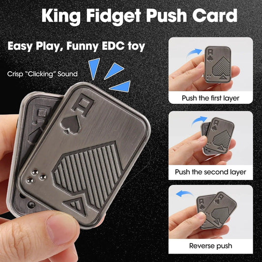Hand pushing the layers of the silver Ace of Spades fidget slider, showing its crisp magnetic clicking action