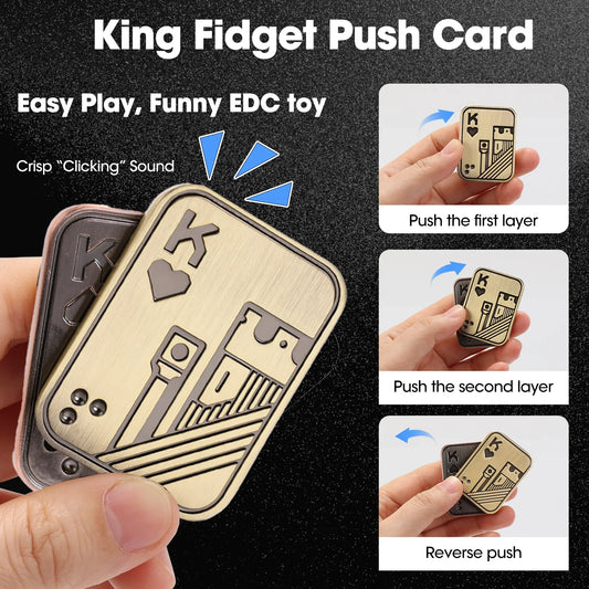 Hand pushing the layers of the gold King of Hearts fidget slider, showing its crisp magnetic clicking action