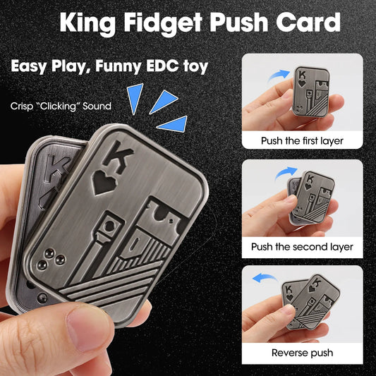 Hand pushing the layers of the silver King of Hearts fidget slider, showing its crisp magnetic clicking action