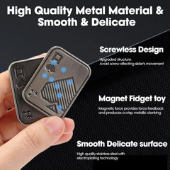 Close-up of the electroplated stainless steel Ace of Spades fidget slider showing its screwless design and magnetic click